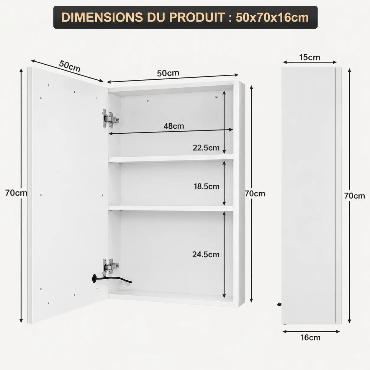 Armoire Miroir LED Salle de Bain 50x70 cm Inox | 1 Porte Éclairée Tactile Étagère Réglable | Meuble Miroir Mural Design Moderne