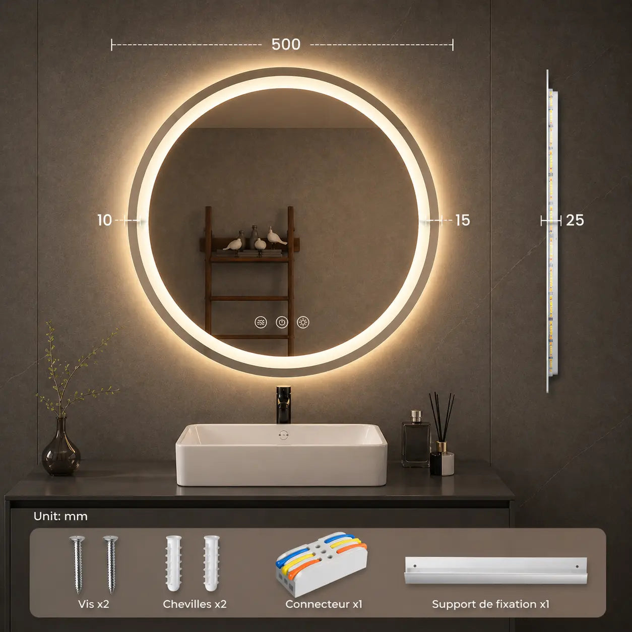 Miroir LED Rond Salle de Bain 50 cm | Double Éclairage Frontal Rétroéclairé Anti-Buée 3 Couleurs | Miroir Tactile IP67 Mémoire Verre Sécurité