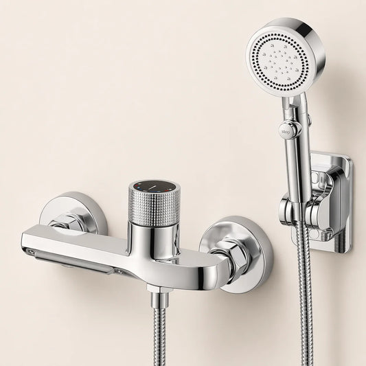 Ensemble Douche Complet Laiton | Mitigeur Mural Flexible Pommeau Support Chrome Gris | Kit Douche Design Salle de Bain Chaud Froid