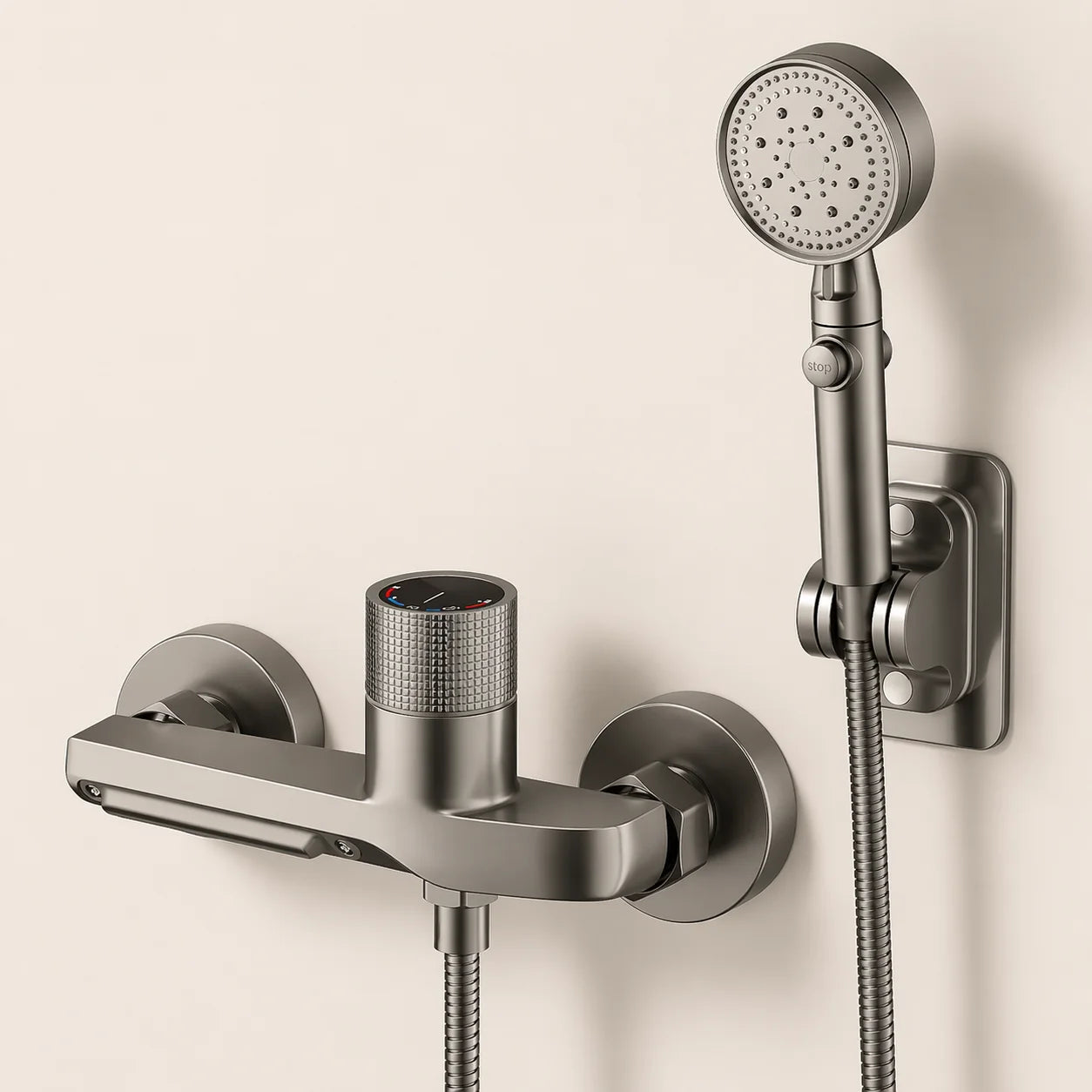 Ensemble Douche Complet Laiton | Mitigeur Mural Flexible Pommeau Support Chrome Gris | Kit Douche Design Salle de Bain Chaud Froid