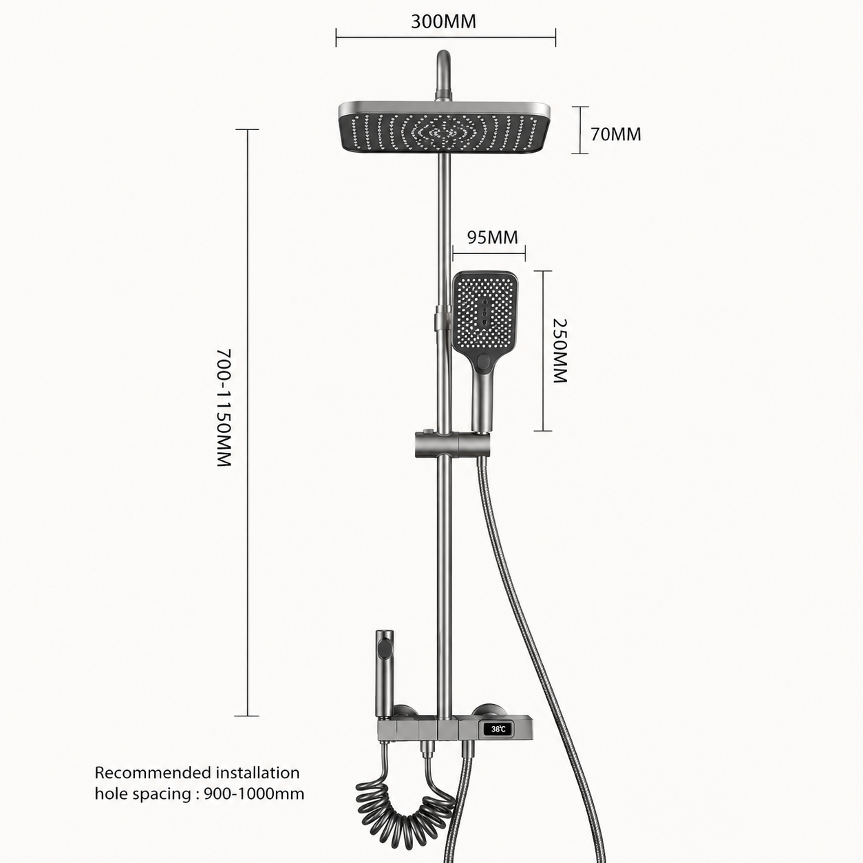 Colonne de douche 4 sorties avec affichage LED | Douche pluie, douchette à main, pistolet de rinçage et mitigeur thermostatique