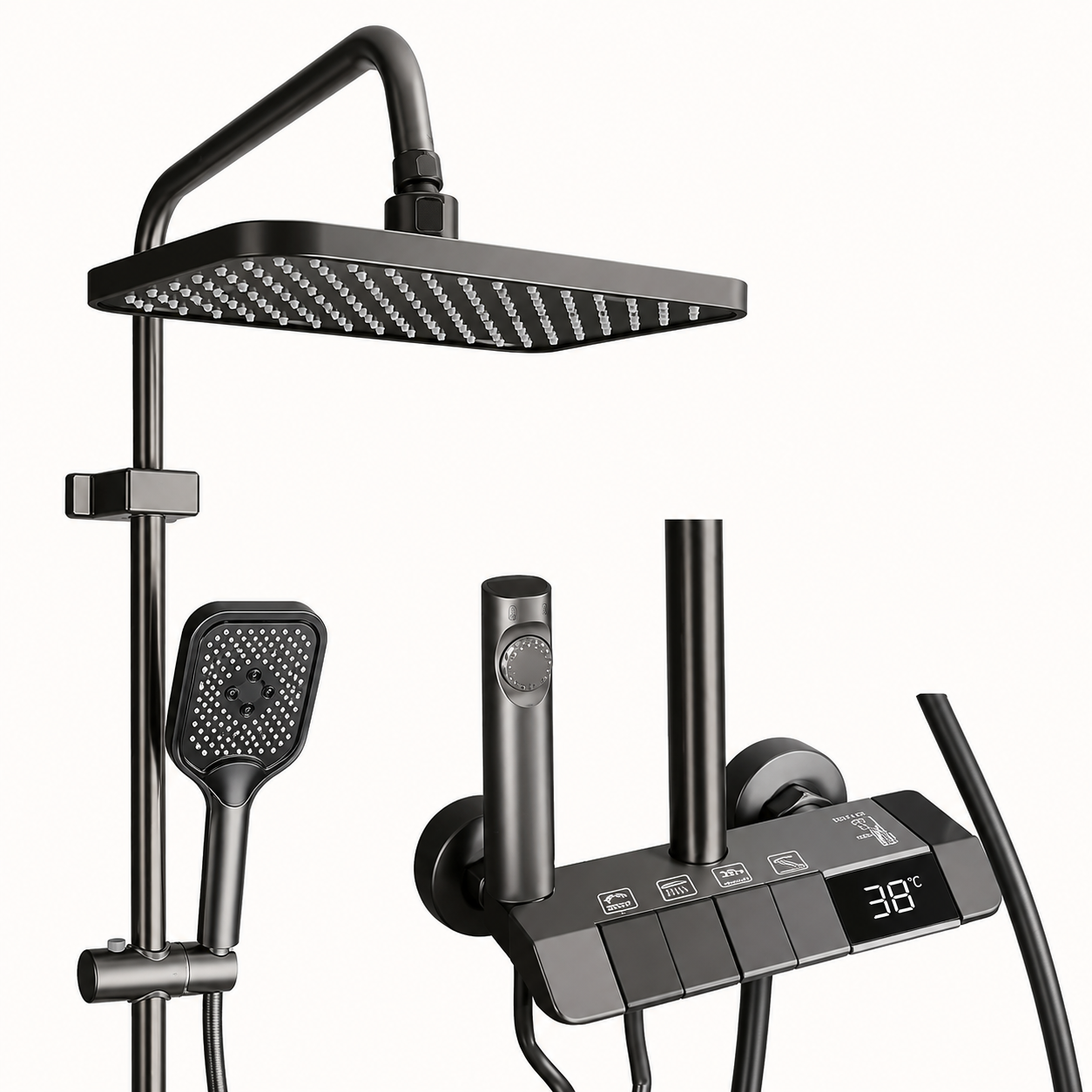 Colonne de douche 4 sorties avec affichage LED | Douche pluie, douchette à main, pistolet de rinçage et mitigeur thermostatique