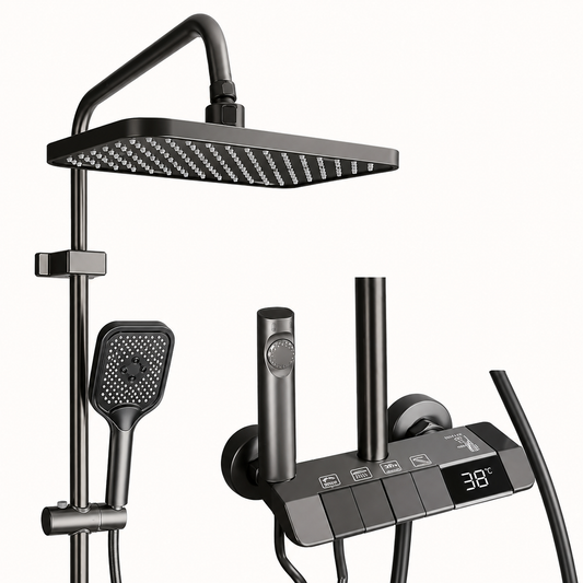 Colonne de douche 4 sorties avec affichage LED | Douche pluie, douchette à main, pistolet de rinçage et mitigeur thermostatique