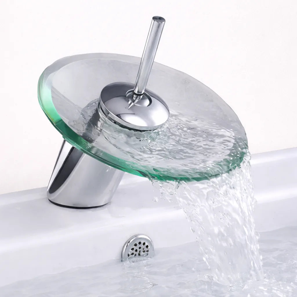 Robinet Lavabo Design Cascade en Verre | Mitigeur Rond Monotrou pour Salle de Bain