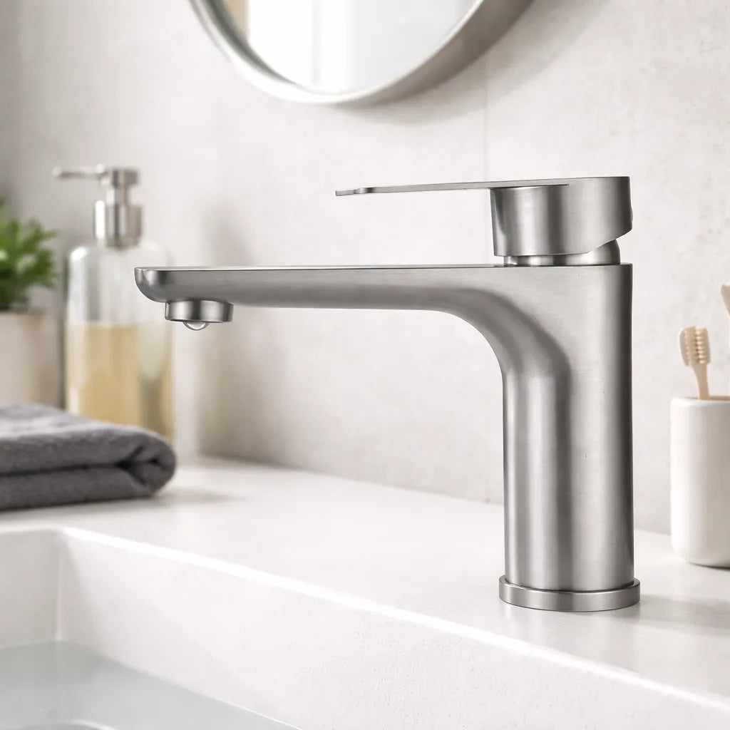 Robinet de lavabo en acier inoxydable brossé | Mitigeur eau chaude et froide pour salle de bain