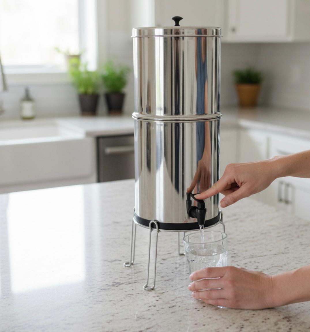 Filtre à eau Enoxis pour maison avec charbon actif anti-calcaire et anti-chlore |Système de filtration d’eau potable en inox avec robinet - Purificateur d’eau pour cuisine
