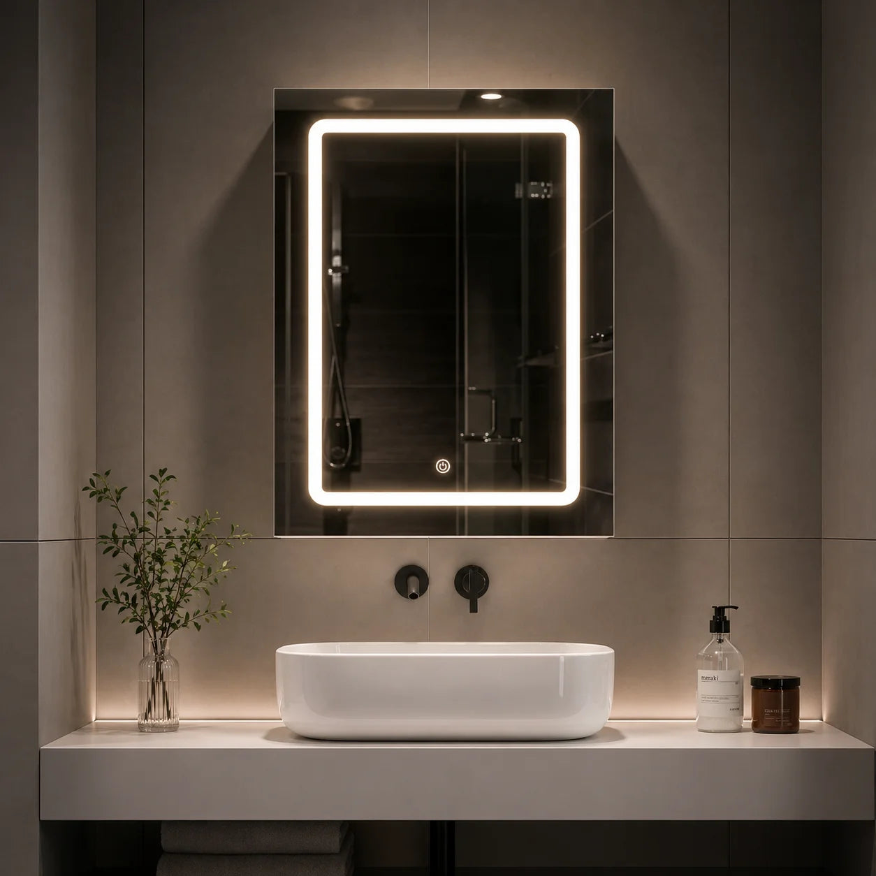 Armoire Miroir LED Salle de Bain 50x70 cm Inox | 1 Porte Éclairée Tactile Étagère Réglable | Meuble Miroir Mural Design Moderne