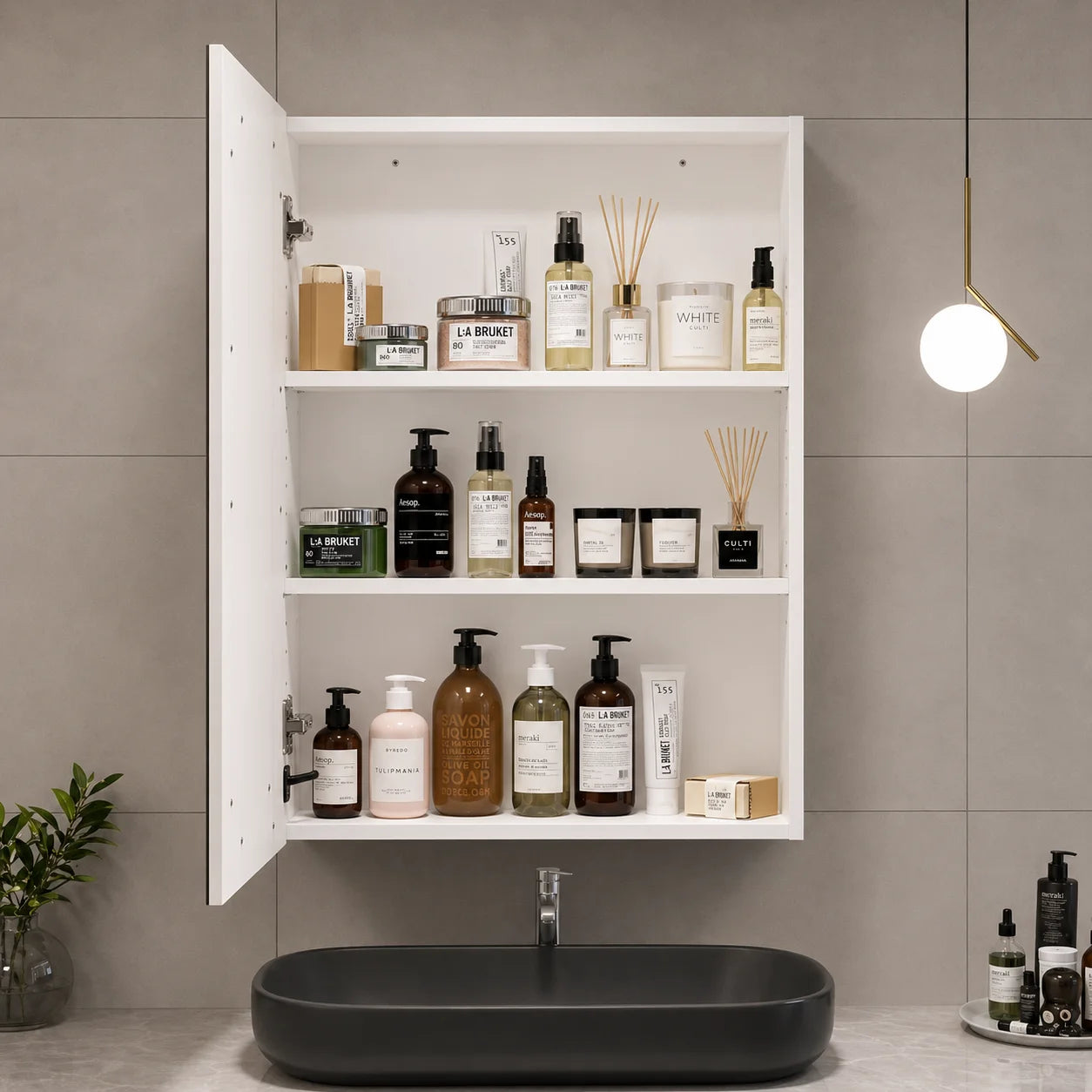 Armoire Miroir LED Salle de Bain 50x70 cm Inox | 1 Porte Éclairée Tactile Étagère Réglable | Meuble Miroir Mural Design Moderne