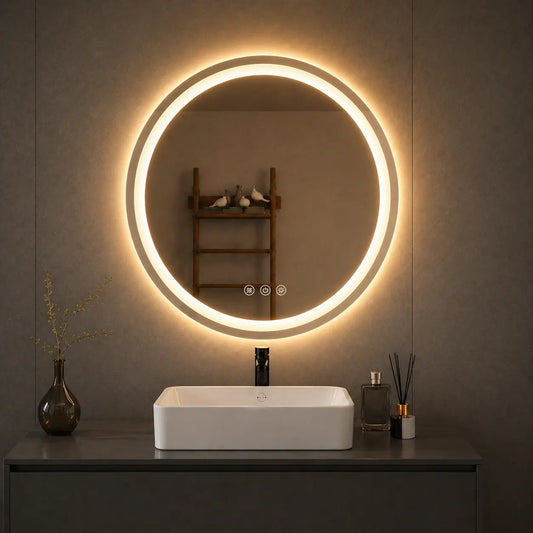 Miroir LED Rond Salle de Bain 50 cm | Double Éclairage Frontal Rétroéclairé Anti-Buée 3 Couleurs | Miroir Tactile IP67 Mémoire Verre Sécurité