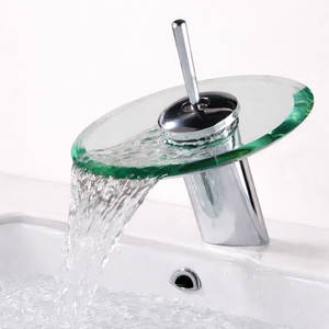 Robinet Lavabo Design Cascade en Verre | Mitigeur Rond Monotrou pour Salle de Bain