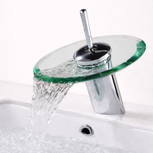 Robinet Lavabo Design Cascade en Verre | Mitigeur Rond Monotrou pour Salle de Bain